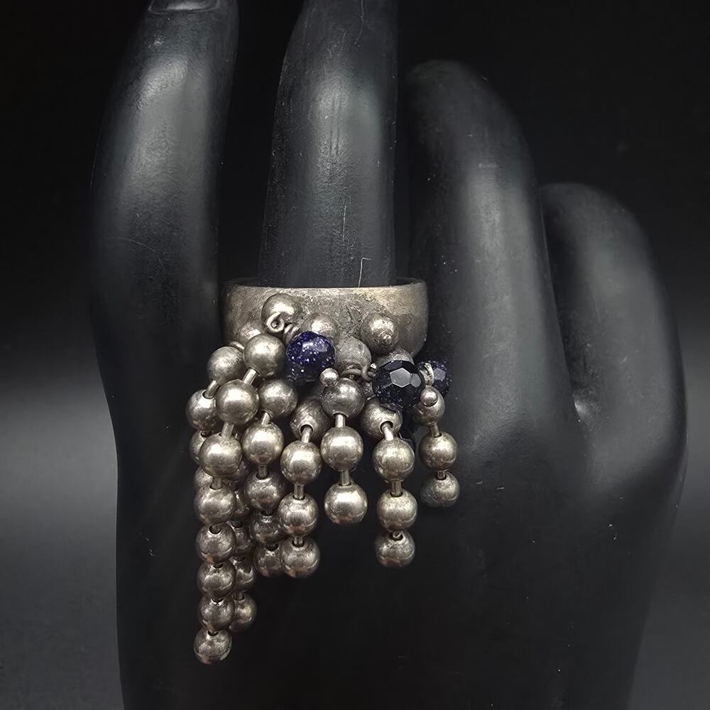 Sterling Silver Cha Cha Ring Beaded Blue Size 7 Chain Dangle